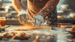 Artisan Baker Hand-Rolling Dough in Sunlit Rustic Kitchen