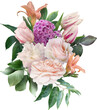 Pink roses, peony, lily and tulip isolated on a transparent background. Png file.  Floral arrangement, bouquet of garden flowers. Can be used for invitations, greeting, wedding card.