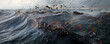 oil spill contaminating coastal waters, with slicks of oil spreading across the ocean surface.