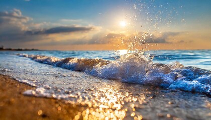 Beautiful saltwater splashes gently in the sea in midsummer, and the gentle light of the sun illuminates the sandy beach, creating a tasteful background.