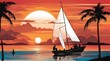 A sailboat and two passengers are seen in front of a colorful graphic sunset design in an illustration about vacation and travel and boating. generative.ai
