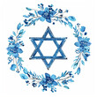 Star of David with blue leaves and flowers isolated on white background. Jewish symbol clipart. Bat and Bar Mitzvah. Hanukkah, Passover, Shavuot holiday