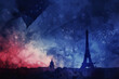 Artistic rendition of the Eiffel Tower and fireworks in watercolor blues and reds, symbolizing Bastille Day in Paris, ideal for festive designs
