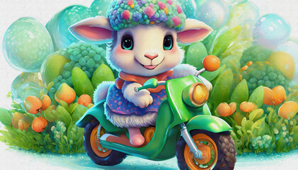 Wall Mural - oil painting style CARTOON CHARACTER CUTE baby sheep ride Stylish green cross motorcycle,