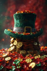 A green Leprechaun hat and gold coins stand out lying on the surface. St. Patrick's Day