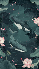 Wall Mural - a painting of two whales swimming in a pond