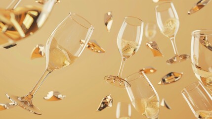 Wall Mural - Floating champagne glasses in a celebration setting d style isolated flying objects memphis style d render   AI generated illustration