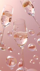 Wall Mural - Floating champagne glasses in a celebration setting d style isolated flying objects memphis style d render  AI generated illustration