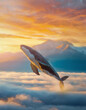 Whale flying above the clouds with a view to the sunset behind the mountain peaks. Surreal diving over the sky, dreamlike scene