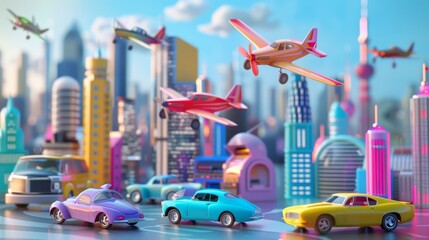 Wall Mural - Funky toy cars and planes in a futuristic city d style isolated flying objects memphis style d render   AI generated illustration
