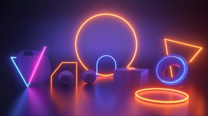 Poster - Geometric shapes twisting and turning in neon light d style isolated flying objects memphis style d render   AI generated illustration