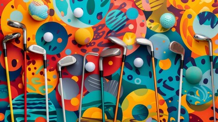 Poster - Golf clubs and balls in a colorful pattern  AI generated illustration