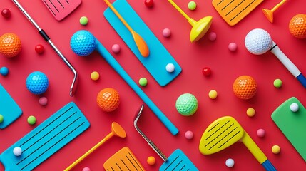 Fototapete - Golf clubs and balls in a colorful pattern   AI generated illustration