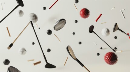 Fototapete - Golf clubs and tees levitating d style isolated flying objects memphis style d render   AI generated illustration