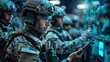 AI technology in the army. Warfare analytic operator checking coordination of the military team. Military commander with a digital tablet device with artificial intelligence operating troops outdoors.
