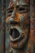 Stara zardzewiała maska przymocowana do metalowej bramy