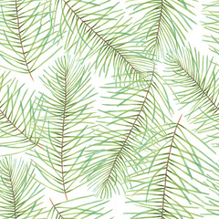  Seamless pattern of pine and fir branches. Christmas background with evergreen plant.Illustration with watercolor and marker. Hand drawn art. Nature print for the New Year with a cedar branch