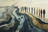 Fototapeta  - Abstrakcyjna ilustracja przedstawiająca sylwetki ludzi stojących na tle przypominającym marmur