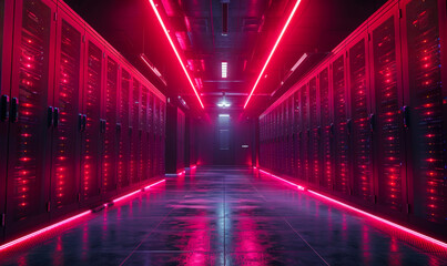 Poster - modern server room with data flow visualization and complex network infrastructure