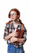 A student girl with glasses holding a book.