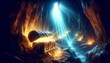 Glowing Treasure Chest in a Magical Cave with Sunlight Beams