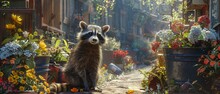 Imagine A Tranquil Garden Oasis Hidden Within A Bustling City, Where A Family Of Raccoons Scavenges For Food Among The Flower Beds