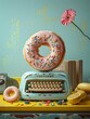 Whimsical Doughnut-Inspired Workspace with Vintage Typewriter and Floral Accents