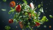 Highlight the freshness of a flying salad with a blend of natural and artificial light AI generated illustration
