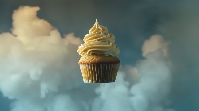 Highlight the delicate swirls of frosting on a flying cupcake against a dramatic backdrop AI generated illustration