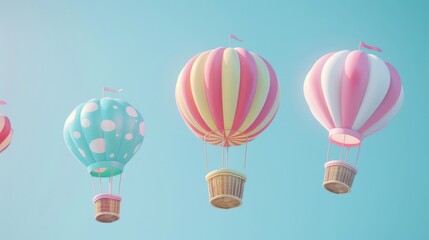 Poster - Hot air balloons and baskets soaring through the sky 3D style isolated flying objects memphis style 3D render AI generated illustration