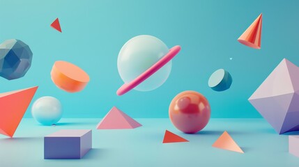 Poster - Isolated geometric forms floating in a cosmic expanse 3D style isolated flying objects memphis style 3D render AI generated illustration