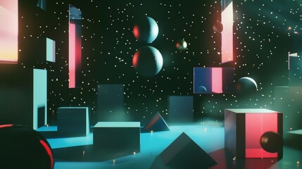 Poster - Isolated geometric shapes floating in a cosmic void 3D style isolated flying objects memphis style 3D render AI generated illustration