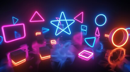 Poster - Isolated neon shapes floating in a sea of black 3D style isolated flying objects memphis style 3D render AI generated illustration