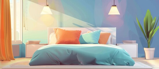 Sticker - The inviting bedroom features a comfortable bed adorned with a blue and orange comforter, complemented by a vibrant houseplant