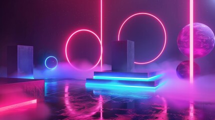 Poster - Luminous shapes hovering in a neon cosmos 3D style isolated flying objects memphis style 3D render  AI generated illustration