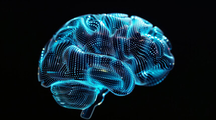 Poster - Futuristic digital brain interface concept with glowing blue neural network on dark background. In a high tech cybernetics world