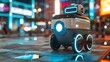A robot drives down city street at night with automotive lighting