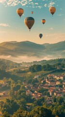 Wall Mural - Top view of green landscape and mountain valleys and colorful hot air balloons flying in the sky