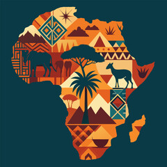 Continent Africa, abstract silhouette of african map with geometric ethnic pattern and tribal traditional ornament. Stylized map of africa featuring traditional patterns, wildlife, and landscapes