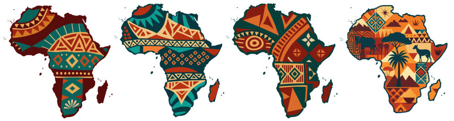 continent africa, abstract silhouette set of african map with geometric ethnic pattern and tribal tr