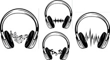 Musical Headphones. Gaming Headphones Or Headset. With Heart Rate, Music Icon & Hearts Decoration . Great Set Collection Clip Art Silhouette , Black Vector Illustration On White Background.