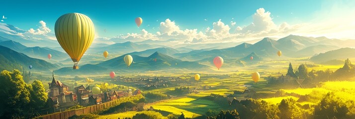 Wall Mural - Top view of green landscape and mountain valleys and town and colorful balloons flying in the sky, banner illustration