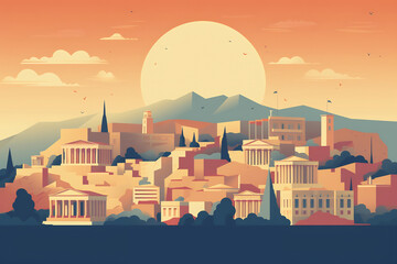 Wall Mural - Athens urban landscape with cityscape silhouette . Pattern with houses. Illustration