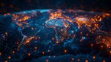 Glowing World Map On Dark Background. Globalization Concept. Communications Network Map Of The World. Technological Futuristic Background. World Connectivity And Global Networking Concept