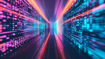 Wall Mural - Futuristic digital data stream tunnel with glowing lights and abstract cyber perspective for high-tech information highway in virtual reality network