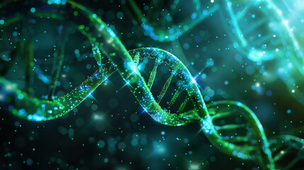 Poster - Abstract background of glowing green dna helix in a digital environment, symbolizing biotech advancements