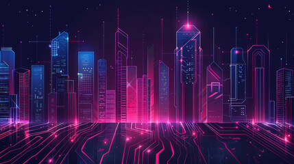 Aufkleber - Neon-lit digital city skyline and circuitry for tech-themed backdrops