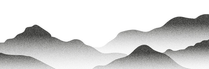 Grayscale vector halftone dots background with a fading dot effect, resembling a abstract mountain landscape. Black noise dots, a sand grain effect, and grunge banner for an abstract, textured pattern