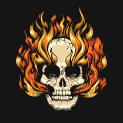 Wall Mural - Engraving Skull Burning in Hell Fire isolated on Black background