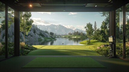 Wall Mural - View of golf course simulator with mountains in background from building